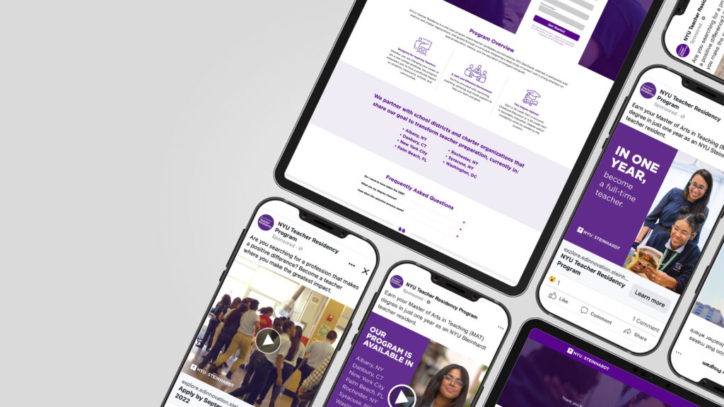 Multiple phone and tablet screens displaying NYU Steinhardt campaign work