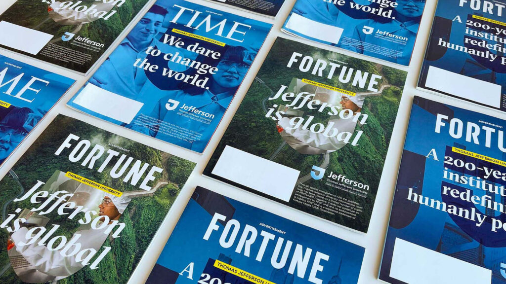 Thomas Jefferson University's Fortune Magazine covers in a grid pattern on a white background.
