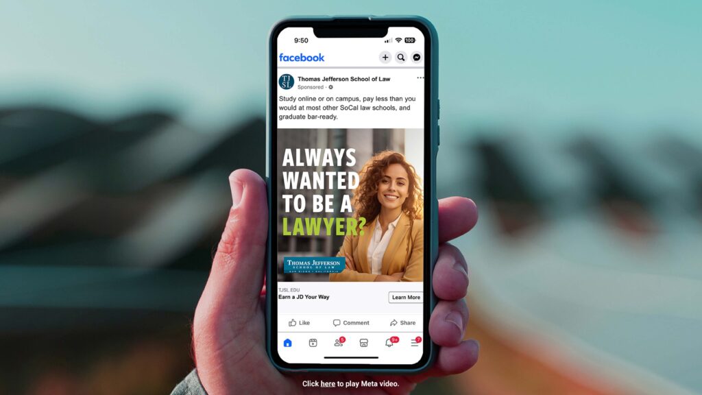 Thomas Jefferson School of Law meta ad mockup displayed on a smartphone.