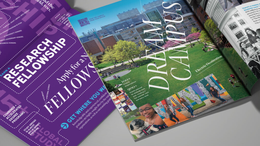 The University of Scranton Viewbook internal spread close up.