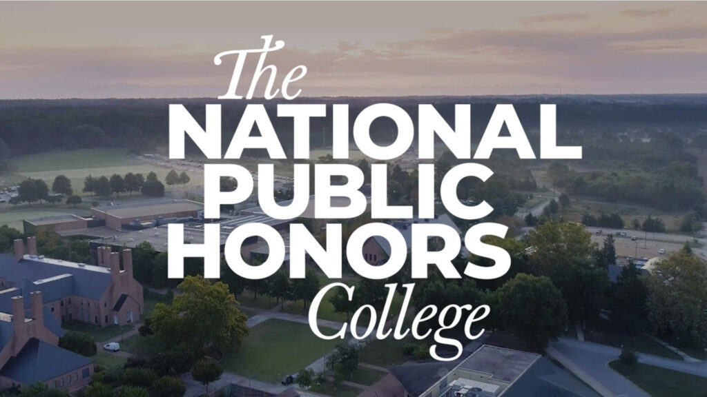 The National Public Honors College logo over a sunset photo of St. Mary's College of Maryland.