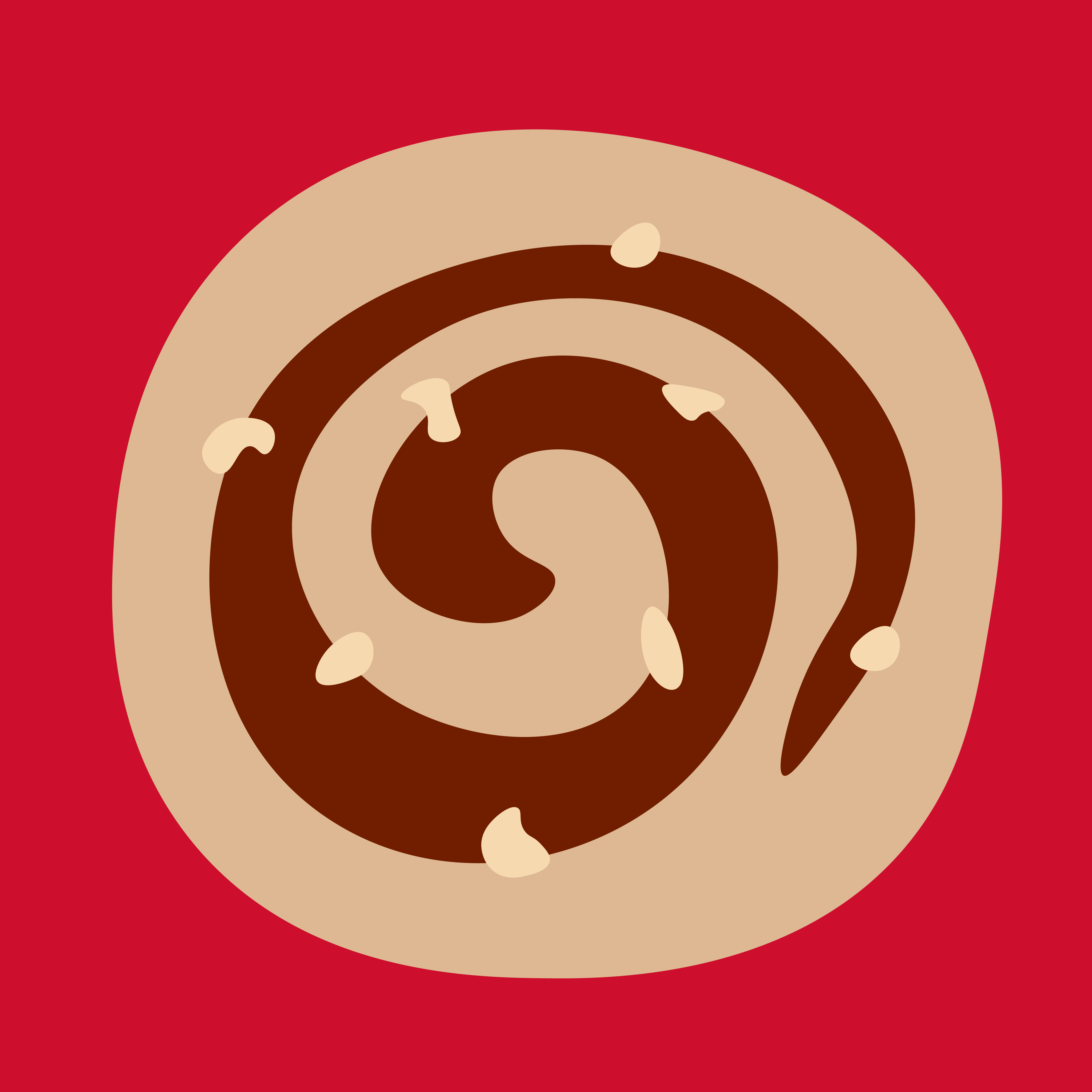 An illustration of a 'Grandma Hoffman’s Perfect Date-Nut Pinwheel' on a red background.