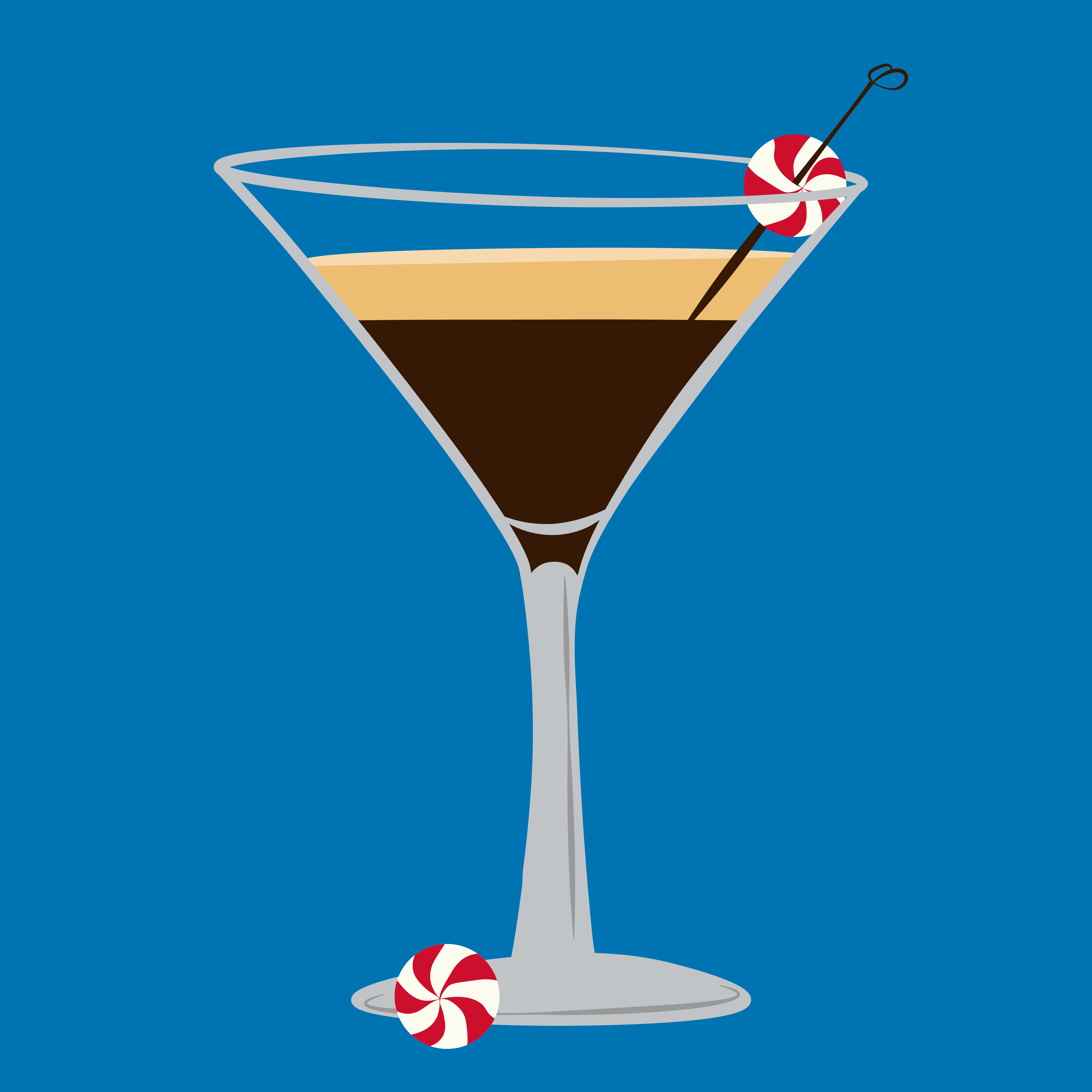 An illustration of a 'Chocolate Peppermint Martini' with two round peppermint candies as garnish on a dark blue background.