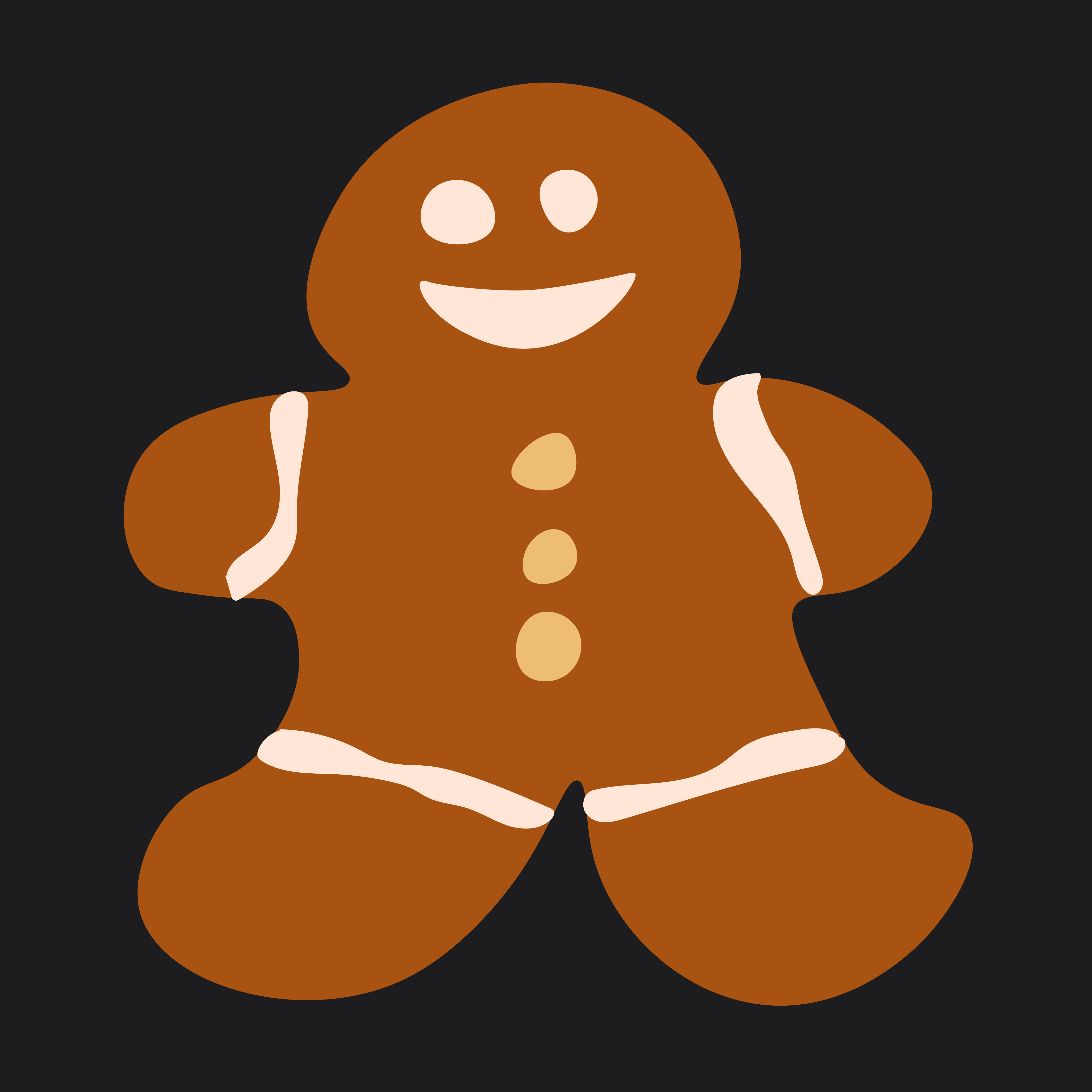 An illustration of a 'Spice & Everything Nice Gingerbread Cookie' - a decorated gingerbread man - on a black background.