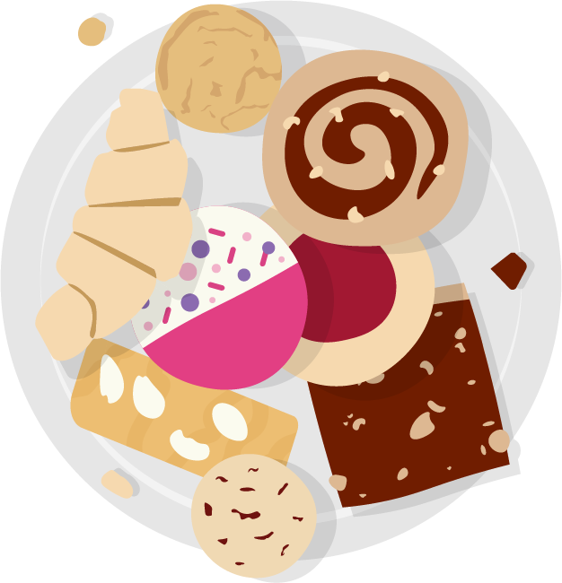 Illustration of a grey plate with an assortment of CCA's favorite cookie on top.