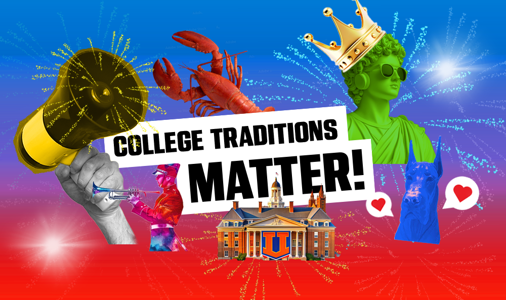 "College Traditions Matter!" surrounded by college themed images and mascots.